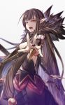  1girl bare_shoulders black_dress black_hair blurry breasts commentary_request depth_of_field detached_sleeves dress fate/apocrypha fate/grand_order fate_(series) fur_trim highres large_breasts long_hair looking_at_viewer open_mouth pointy_ears semiramis_(fate) teko very_long_hair white_background yellow_eyes 