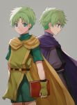  2boys back-to-back blue_eyes cloak fingerless_gloves fire_emblem fire_emblem:_fuuin_no_tsurugi gloves green_hair grey_background highres lleu_(fire_emblem) lugh_(fire_emblem) multiple_boys simple_background twintails wspread 