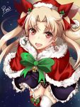  1girl :o blonde_hair blush bow cape christmas commentary_request earrings ereshkigal_(fate/grand_order) fate/grand_order fate_(series) fur-trimmed_cape fur_trim green_bow hair_ribbon hat highres jewelry long_hair looking_at_viewer mismatched_earrings mistletoe pon_(syugaminp) red_cape red_eyes ribbon santa_hat solo thigh-highs tohsaka_rin two_side_up 