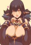  1girl black_dress black_hair breasts cleavage detached_sleeves dress fate/apocrypha fate/grand_order fate_(series) fur_trim large_breasts long_hair looking_at_viewer pointy_ears semiramis_(fate) smile solo very_long_hair yellow_eyes yostxxx 