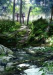  absurdres bare_tree dappled_sunlight day fantasy forest highres landscape nature no_humans original outdoors pajaman plant river rock scenery sunlight torii tree 