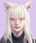  1girl :p animal_ears bangs blue_eyes blunt_bangs cat_ears ear_piercing face fangs freckles looking_at_viewer original piercing portrait purple_background simple_background slit_pupils smile solo tongue tongue_out tunapon01 white_hair yellow_eyes 