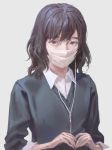  1girl bad_hands black_hair collared_shirt earphones grey_background grey_eyes long_sleeves looking_at_viewer original school_uniform shirt simple_background solo surgical_mask sweater tunapon01 upper_body white_shirt wing_collar 