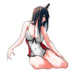  1girl black_hair breasts casual_one-piece_swimsuit cleavage covered_navel fusou_(kantai_collection) hair_ornament highres kantai_collection long_hair looking_to_the_side medium_breasts one-piece_swimsuit red_eyes simple_background sitting solo sozan swimsuit white_background white_swimsuit yokozuwari 