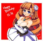 1girl ^p^ arcana_heart arcana_heart_2 bangs bare_shoulders blue_eyes blue_pupils braid breasts cleavage collarbone corset dress drill_hair earrings elbow_gloves eyebrows eyebrows_visible_through_hair eyelashes facing_away flower gem gloves hair_flower hair_ornament happy_birthday heart heart-shaped_pupils hida_naria jewelry long_hair medium_breasts necklace open_mouth orange_hair outline petra_johanna_lagerkvist rose short_dress single_hair_intake solo strapless strapless_dress symbol-shaped_pupils twin_braids twin_drills twitter_username white_dress white_flower white_gloves white_outline white_rose 