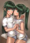 ass breast_press breasts buruma green_eyes green_hair higurashi_no_naku_koro_ni multiple_girls ponytail siblings sonozaki_mion sonozaki_shion symmetrical_docking twins zenkou 