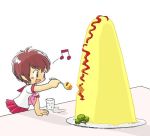  1girl beamed_eighth_notes cup food happy holding holding_spoon kabiinyo_(kab) musical_note omurice original oversized_food oversized_object school_uniform short_hair solo spoken_musical_note spoon table vegetable water 