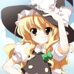  blonde_hair bow bust face grin hand_on_hat hat kirisame_marisa kurot lucie smile solo touhou witch_hat yellow_eyes 