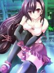  brown_hair earring elbow_gloves long_hair purple_hair smile stocking tagme 