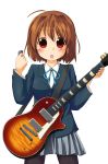  :o blush brown_hair guitar guitar_pick hair_ornament hairclip hirasawa_yui instrument k-on! mocchii pantyhose plectrum red_eyes school_uniform short_hair skirt solo 
