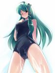  from_below green_eyes green_hair hair_ornament kochiya_sanae long_hair one-piece_swimsuit school_swimsuit seo_tatsuya snake swimsuit touhou wet wink 