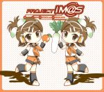  chibi cosplay daikon food fruit futami_ami futami_mami hair_ribbon headphones idolmaster kagamine_rin kagamine_rin_(cosplay) masuyama_kei multiple_girls orange ribbon seiyuu_connection seiyuu_joke shimoda_asami short_hair siblings side_ponytail twins vocaloid 