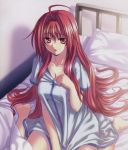  bed long_hair pillow red_eyes redhead shinkyoku_soukai_polyphonica sitting tagme thigh-highs 