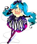  aqua_hair bad_id bow dress elbow_gloves frills gloves hair_bow hatsune_miku jewelry long_hair makeup microphone necklace numeri pantyhose pink_legwear ribbon romeo_and_cinderella_(vocaloid) romeo_to_cinderella_(vocaloid) striped thigh-highs twintails very_long_hair vocaloid wink 