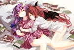  bed book bottomless breasts cleavage demon_girl fang gochou_(comedia80) head_wings hug koakuma multiple_girls no_pants open_clothes open_mouth open_shirt pajamas panties patchouli_knowledge pillow shirt sleeping sleeves_rolled_up sweat touhou underwear 