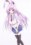  bad_id blush breasts bunny_ears cleavage front-tie_top highres kagami-c long_hair midriff miniskirt purple_hair rabbit_ears red_eyes reisen_udongein_inaba skirt sleeves_rolled_up tears thigh-highs thighhighs touhou umeo_retto zettai_ryouiki 