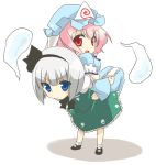  back_to_back blue_eyes carrying chibi hat konpaku_youmu pink_hair red_eyes ribbon saigyouji_yuyuko short_hair silver_hair soumendaze touhou 