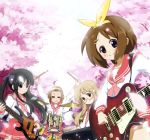  4girls :3 ahoge akiyama_mio aruru_no_zaki band bass bass_guitar black_hair brown_hair cherry_blossoms cosplay drum drum_set drums duplicate guitar hirasawa_yui instrument k-on! keyboard keyboard_(instrument) kotobuki_tsumugi long_hair lucky_star multiple_girls parody school_uniform serafuku short_hair smile synthesizer tainaka_ritsu 