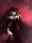  bitten_apple black_hair down+down dress fingernails food fruit gothic holding holding_fruit nail_polish nails one_wing pale_skin pointy_ears red_eyes single_wing solo thigh-highs thighhighs twintails wings 