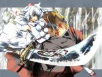  animal_ears detached_sleeves grey_eyes hat inubashiri_momiji sanoharu shield short_hair silver_hair sword tokin_hat touhou weapon wolf_ears 