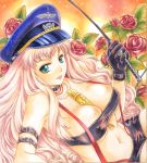  belt between_breasts blue_eyes breasts choker cleavage erect_nipples flower gloves hat jewelry long_hair macross macross_frontier microphone necklace peaked_cap pemoko riding_crop ring sheryl_nome suspenders traditional_media tubetop very_long_hair whip 