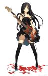  bad_id bangs bare_shoulders bass bass_guitar black_eyes black_hair blunt_bangs bow breasts cleavage high_heels highres hime_cut influence instrument k-on! long_hair lying nagi_(artist) nagi_ryou petals s.e.c shoes solo thigh-highs thighhighs very_long_hair zettai_ryouiki 