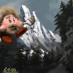  bad_id beard bob_ross facial_hair goatee kirby kirby_(series) koki_(pixiv) lowres mountain nintendo paintbrush painting parody tree trim_brush 