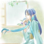  blue_hair hands japanese_clothes judith june_rainydays kimono long_hair pointy_ears red_eyes smile solo tales_of_(series) tales_of_vesperia window 