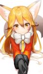  1girl all_fours animal_ears bangs black_gloves blush bow bowtie closed_mouth eyebrows_visible_through_hair ezo_red_fox_(kemono_friends) fox_ears fox_girl fox_tail fur_trim gloves hair_between_eyes highres jacket kemono_friends long_hair long_sleeves looking_at_viewer mia_(miaflocon) necktie shadow solo tail white_background white_bow white_bowtie yellow_necktie 