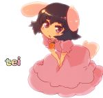  :o blush bunny_ears bunny_tail carrot dress inaba_tewi jewelry pendant pink_dress rabbit_ears rawan short_hair sitting tail touhou v_arms 