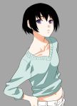  bob_cut collarbone collarbones hand_on_hip mattaku_mosuke midriff navel original purple_eyes short_hair simple_background violet_eyes 