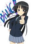  bang bangs black_hair blue_eyes blunt_bangs blurry blush depth_of_field english finger_gun hand_on_hip highres hime_cut imao_kiiru k-on! long_hair school_uniform skirt solo 