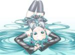  aqua_eyes aqua_hair arms_up bad_id detached_sleeves hatsune_miku headphones long_hair lying necktie on_back skirt solo thigh-highs thighhighs twintails upside-down very_long_hair vocaloid zoneflower 