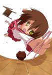  chopsticks diving fang foreshortening hands kusakabe_misao lowres lucky_star meatball open_mouth outstretched_arm outstretched_hand reach reaching school_uniform short_hair yellow_eyes 