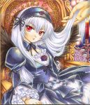  bad_id frills hairband long_hair pemoko red_eyes rozen_maiden sitting suigintou traditional_media white_hair wings 