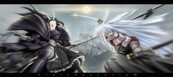  animal_ears armor bad_id battle beniyuki black_hair fantasy gigandal_federation highres long_hair mace multiple_girls pixiv pixiv_fantasia pixiv_fantasia_3 polearm sheath sun sword weapon white_hair 