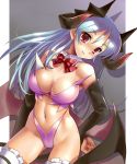  blue_hair bow_tie bowtie breasts cleavage demon_girl elbow_gloves gloves head_wings headwings highleg horns katahira_masashi long_hair midriff navel original red_eyes solo succubus tail thigh-highs thighhighs wings 