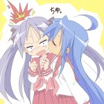  2girls ahoge blue_hair cheek_kiss core_(mayomayo) hiiragi_kagami izumi_konata kiss long_hair lucky_star multiple_girls purple_hair school_uniform surprise surprised yuri 