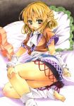  barefoot bed blonde_hair error feet green_eyes hair_in_mouth leg_warmers lying marker_(medium) mizuhashi_parsee mouth_hold pillow pointy_ears shie toeless_socks touhou traditional_media 