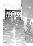  2girls comic detached_sleeves frog_hair_ornament hair_ornament highres kochiya_sanae monochrome multiple_girls outdoors partially_submerged patchouli_knowledge scarlet_devil_mansion snake_hair_ornament sora_freebird sun touhou translation_request water 
