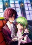  brown_hair c.c. cc code_geass dress fingernails frills geass green_hair lelouch_lamperouge long_hair nails purple_eyes smile st.microscope stm violet_eyes yellow_eyes 