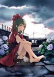  1girl barefoot blush bow breasts brown_hair building cat choker cofepig dress flower frills front_ponytail green_eyes green_hair hair_bow hair_ornament hair_ribbon highres house hydrangea kagiyama_hina leaf long_hair multiple_girls rain ribbon sitting sky smile solo touhou violet_eyes wall 