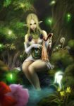 blonde_hair dangan_(pixiv22262) elf forest green_eyes harp highres instrument legs lips nature original pointy_ears water 