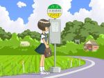  bi-nyo brown_hair bus_stop original rural school_bag school_uniform torii waiting 