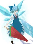  blue_hair cirno dress dual_wield dual_wielding food fruit hair_ribbon ice_cream muranisaki popsicle ribbon suika_bar touhou watermelon wings 