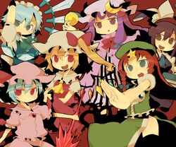  azuma_seiji black_hair blonde_hair blue_hair braid brown_eyes flandre_scarlet foreshortening hands hat head_wings headwings hong_meiling izayoi_sakuya knife koakuma long_hair maid_headdress patchouli_knowledge purple_hair red_eyes red_hair redhead remilia_scarlet short_hair touhou twin_braids wings 