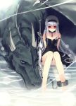  ankle_chain black_dress dragon long_hair red_eyes refeia sitting sword weapon 