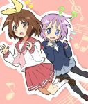  2girls bad_id blue_eyes brown_eyes brown_hair castanets cosplay costume_switch crossover hair_ornament hair_ribbon hairband hairclip hiiragi_tsukasa hiiragi_tsukasa_(cosplay) hirasawa_yui hirasawa_yui_(cosplay) instrument k-on! loafers lucky_star maruki_(punchiki) multiple_girls musical_note pantyhose purple_hair ribbon school_uniform serafuku shoes short_hair surprise surprised 