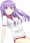  1girl buruma clannad fujibayashi_kyou gym_uniform highres long_hair nakamori_(personant) purple_hair ribbon thigh-highs violet_eyes 
