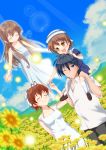  1boy 3girls azumawari_(azumofu) blue_eyes blue_hair brown_eyes brown_hair carrying child clannad closed_eyes family flower furukawa_nagisa girl_from_the_illusionary_world highres lens_flare long_hair multiple_girls okazaki_tomoya okazaki_ushio orb sailor_dress school_uniform short_hair shoulder_carry sunflower wink 